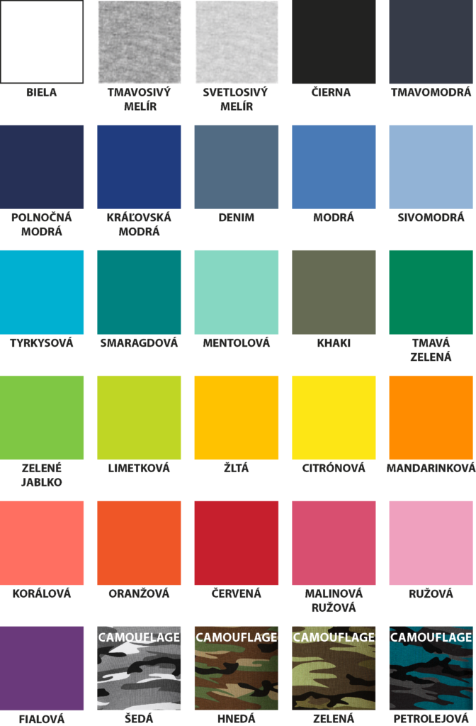 Vzorkovník farieb pre tričká Basic a Camouflage