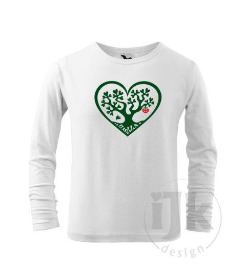 Detské biele tričko s potlačou, so zelenou hladkou fóliou, s autorským motívom, motív je strom s listami v tvare srdca , ktorý je vsadený do veľkého srdca a s dlhým rukávom.