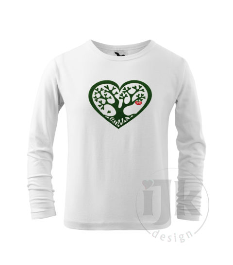 Detské biele tričko s potlačou, so zelenou zamatovou fóliou, s autorským motívom, motív je strom s listami v tvare srdca , ktorý je vsadený do veľkého srdca a s dlhým rukávom.