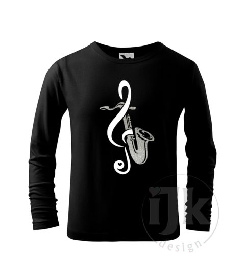 Detské čierne tričko s potlačou, s bielou hladkou a striebornou glitrovou fóliou, s autorským motívom, s motívom strieborného saxofónu a bieleho husľového kľúča a s dlhým rukávom.