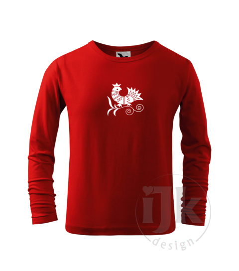 Detské červené tričko s potlačou, s bielou hladkou fóliou, s folklórnym motívom z Vajnor a s dlhým rukávom.