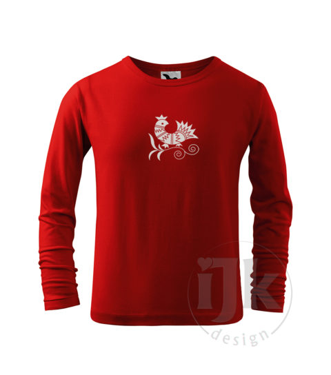 Detské červené tričko s potlačou, s bielou glitrovou fóliou, s folklórnym motívom z Vajnor a s dlhým rukávom.