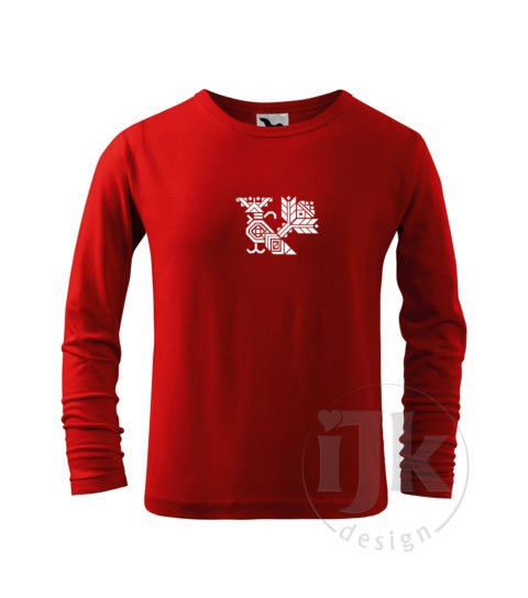 Detské červené tričko s potlačou, s bielou hladkou fóliou, s folklórnym motívom z Čičmian a s dlhým rukávom.