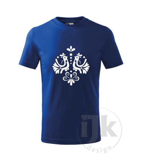 Detské kráľovské modré tričko s potlačou, s bielou hladkou fóliou, s ľudovým motívom z Jablonice a s krátkym rukávom.