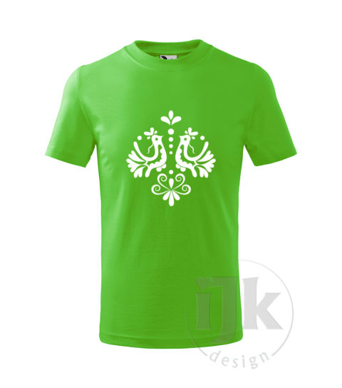 Detské tričko farba zelené jablko s potlačou, s bielou hladkou fóliou, s ľudovým motívom z Jablonice a s krátkym rukávom.