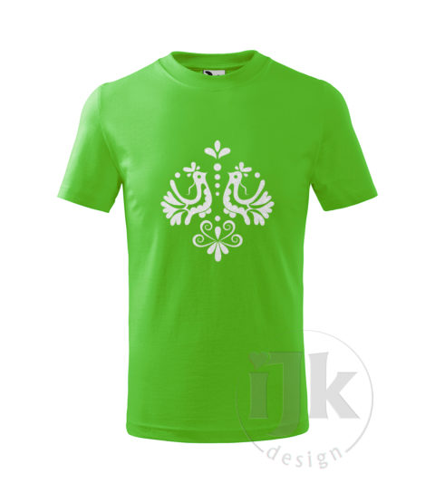 Detské tričko farba zelené jablko s potlačou, s bielou glitrovou fóliou, s ľudovým motívom z Jablonice a s krátkym rukávom.