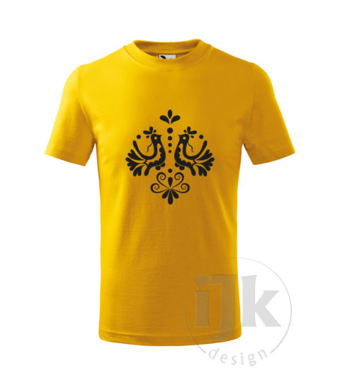 Detské žlté tričko s potlačou, s čiernou hladkou fóliou, s ľudovým motívom z Jablonice a s krátkym rukávom.