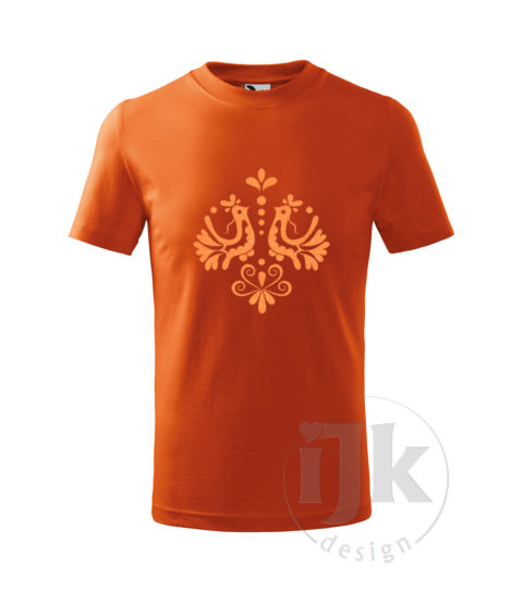 Detské oranžové tričko s potlačou, s oranžovou glitrovou fóliou, s ľudovým motívom z Jablonice a s krátkym rukávom.