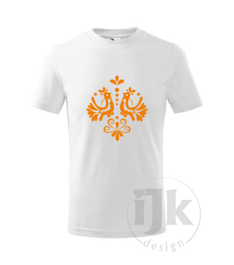 Detské biele tričko s potlačou, s oranžovou hladkou fóliou, s ľudovým motívom z Jablonice a s krátkym rukávom.