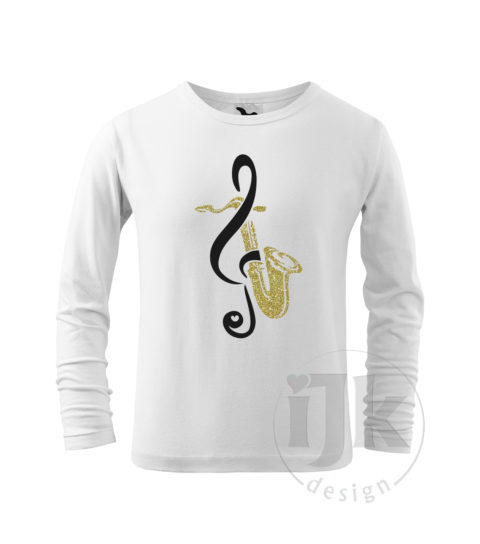 Detské biele tričko s potlačou, s čiernou hladkou a zlatou glitrovou fóliou, s autorským motívom, s motívom zlatého saxofónu a čierneho husľového kľúča a s dlhým rukávom.