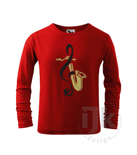 Detské červené tričko s potlačou, s čiernou hladkou a zlatou glitrovou fóliou, s autorským motívom, s motívom zlatého saxofónu a čierneho husľového kľúča a s dlhým rukávom.