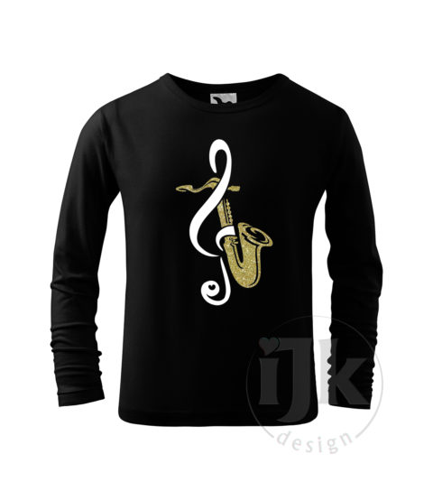 Detské čierne tričko s potlačou, s bielou hladkou a zlatou glitrovou fóliou, s autorským motívom, s motívom zlatého saxofónu a bieleho husľového kľúča a s dlhým rukávom.