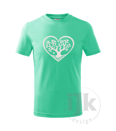 Detské mentolové tričko s potlačou, s bielou glitrovou fóliou, s autorským motívom, motív je strom s listami v tvare srdca , ktorý je vsadený do veľkého srdca a s krátkym rukávom.