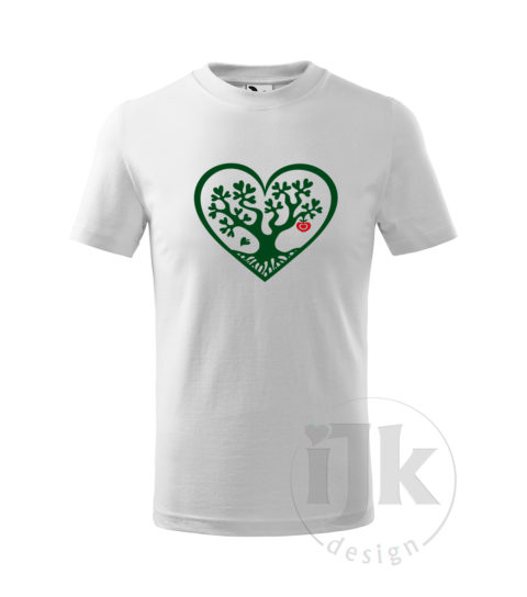 Detské biele tričko s potlačou, so zelenou hladkou fóliou, s autorským motívom, motív je strom s listami v tvare srdca , ktorý je vsadený do veľkého srdca a s krátkym rukávom.