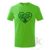 Detské tričko farba zelené jablko s potlačou, so zelenou hladkou fóliou, s autorským motívom, motív je strom s listami v tvare srdca , ktorý je vsadený do veľkého srdca a s krátkym rukávom.