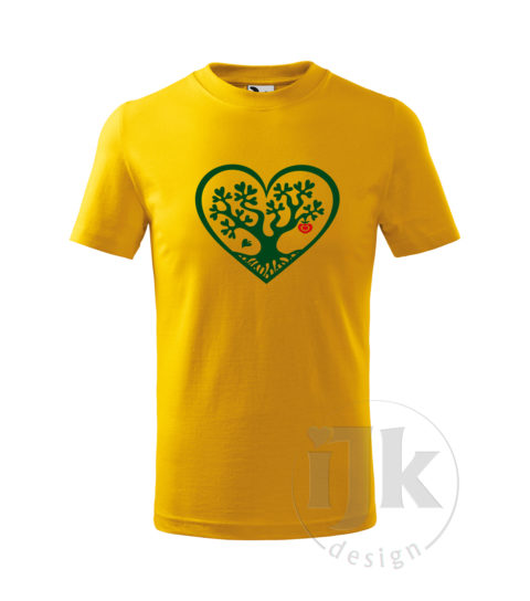 Detské žlté tričko s potlačou, so zelenou hladkou fóliou, s autorským motívom, motív je strom s listami v tvare srdca , ktorý je vsadený do veľkého srdca a s krátkym rukávom.
