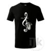 Detské čierne tričko s potlačou, s bielou hladkou a striebornou glitrovou fóliou, s autorským motívom, s motívom strieborného saxofónu a bieleho husľového kľúča a s krátkym rukávom.