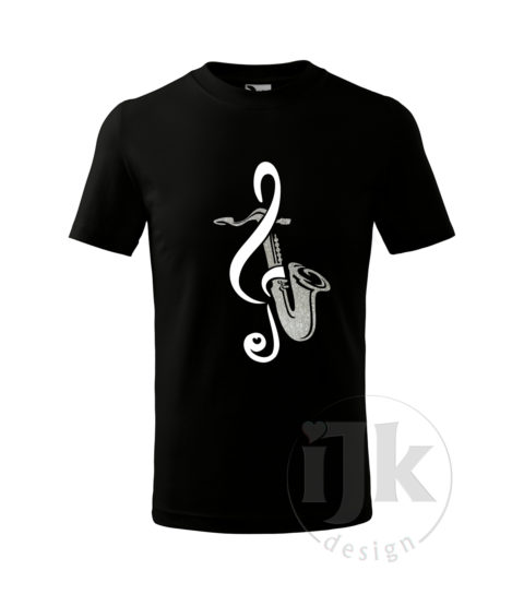 Detské čierne tričko s potlačou, s bielou hladkou a striebornou glitrovou fóliou, s autorským motívom, s motívom strieborného saxofónu a bieleho husľového kľúča a s krátkym rukávom.