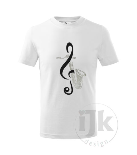 Detské biele tričko s potlačou, s čiernou hladkou a striebornou glitrovou fóliou, s autorským motívom, s motívom strieborného saxofónu a čierneho husľového kľúča a s krátkym rukávom.