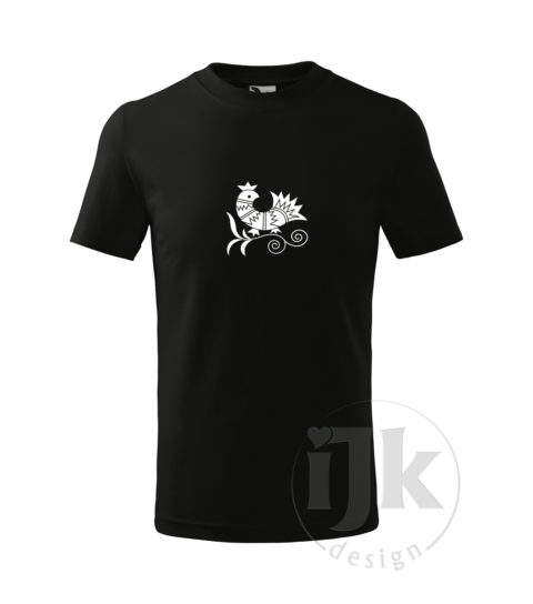 Detské čierne tričko s potlačou, s bielou hladkou fóliou, s folklórnym motívom z Vajnor a s krátkym rukávom.