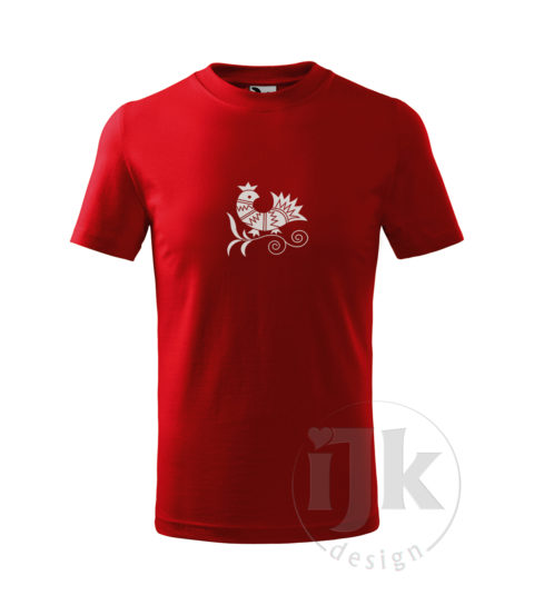 Detské červené tričko s potlačou, s bielou glitrovou fóliou, s folklórnym motívom z Vajnor a s krátkym rukávom.