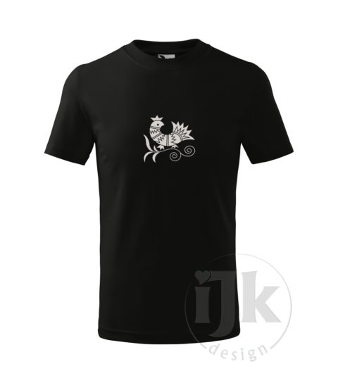 Detské čierne tričko s potlačou, s bielou glitrovou fóliou, s folklórnym motívom z Vajnor a s krátkym rukávom.