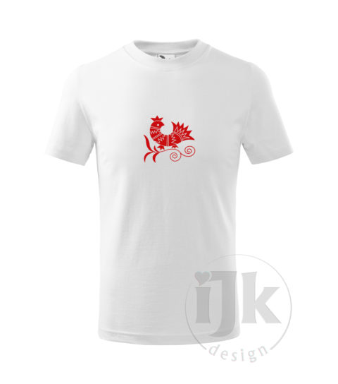 Detské biele tričko s potlačou, s červenou hladkou fóliou, s folklórnym motívom z Vajnor a s krátkym rukávom.