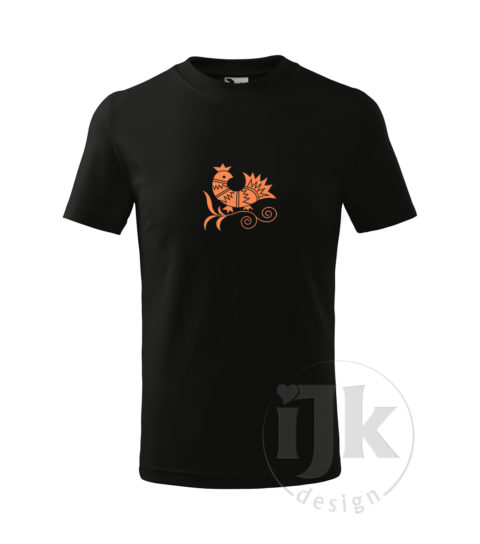 Detské čierne tričko s potlačou, s oranžovou glitrovou fóliou, s folklórnym motívom z Vajnor a s krátkym rukávom.