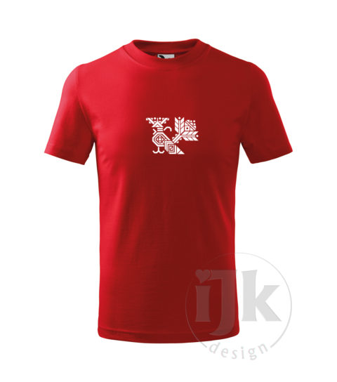 Detské červené tričko s potlačou, s bielou hladkou fóliou, s folklórnym motívom z Čičmian a s krátkym rukávom.