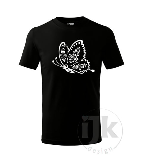 Detské čierne tričko s potlačou, s bielou hlakou fóliou, s folklórnym motívom zo Šariša a s krátkym rukávom.