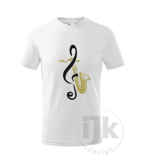 Detské biele tričko s potlačou, s čiernou hladkou a zlatou glitrovou fóliou, s autorským motívom, s motívom zlatého saxofónu a čierneho husľového kľúča a s krátkym rukávom.