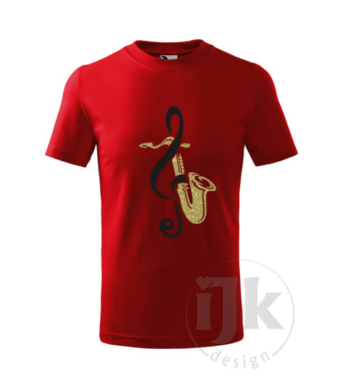 Detské červené tričko s potlačou, s čiernou hladkou a zlatou glitrovou fóliou, s autorským motívom, s motívom zlatého saxofónu a čierneho husľového kľúča a s krátkym rukávom.