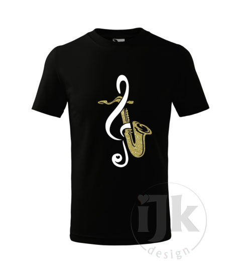 Detské čierne tričko s potlačou, s bielou hladkou a zlatou glitrovou fóliou, s autorským motívom, s motívom zlatého saxofónu a bieleho husľového kľúča a s krátkym rukávom.