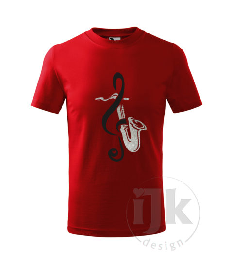 Detské červené tričko s potlačou, s čiernou hladkou a striebornou glitrovou fóliou, s autorským motívom, s motívom strieborného saxofónu a čierneho husľového kľúča a s krátkym rukávom.