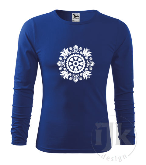 Pánske kráľovská modrá tričko s potlačou, s bielou hladkou fóliou, s folklórnym motívom z okolia Trnavy a s dlhým rukávom.