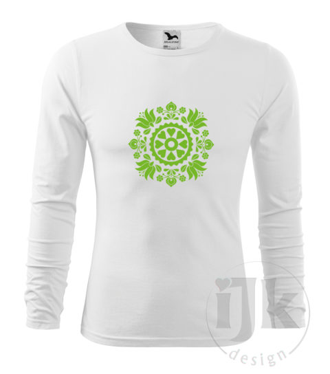 Pánske biele tričko s potlačou, s hladkou fóliou farba zelené jablko, s folklórnym motívom z okolia Trnavy a s dlhým rukávom.