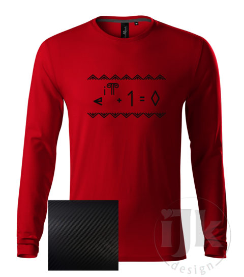 Pánske sýtočervené tričko s potlačou, s čiernou carbon fóliou, s Eulerovou matematickou rovnicou napísanou čičmianským písmom a s čičmianskym ornamentom a s dlhým rukávom.