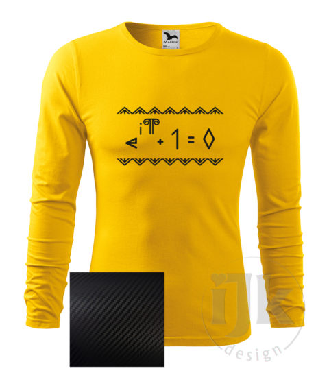 Pánske žlté tričko s potlačou, s čiernou carbon fóliou, s Eulerovou matematickou rovnicou napísanou čičmianským písmom a s čičmianskym ornamentom a s dlhým rukávom.