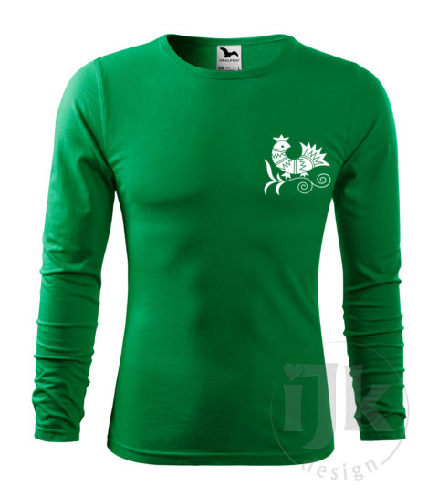 Pánske tričko farba tmavá zelená s potlačou, s bielou hladkou fóliou, s folklórnym motívom z Vajnor a s dlhým rukávom.