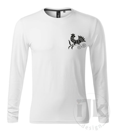 Pánske biele tričko s potlačou, s čiernou hladkou fóliou, s folklórnym motívom z Vajnor a s dlhým rukávom.