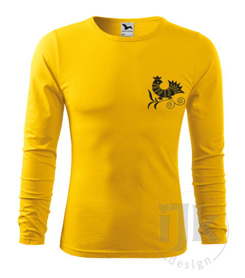 Pánske žlté tričko s potlačou, s čiernou hladkou fóliou, s folklórnym motívom z Vajnor a s dlhým rukávom.