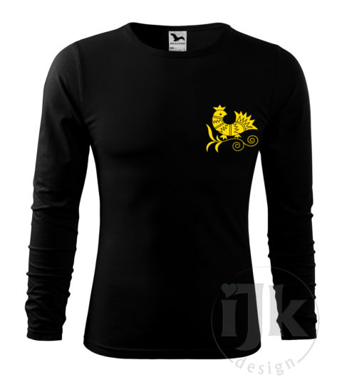 Pánske čierne tričko s potlačou, so žltou hladkou fóliou, s folklórnym motívom z Vajnor a s dlhým rukávom.
