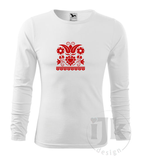 Pánske biele tričko s potlačou, s červenou hladkou fóliou, s folklórnym motívom z Vajnor a s dlhým rukávom.