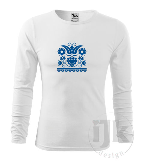 Pánske biele tričko s potlačou, s modrou hladkou fóliou, s folklórnym motívom z Vajnor a s dlhým rukávom.