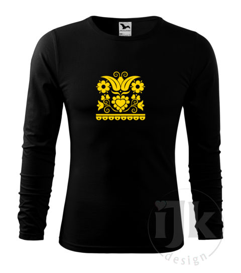 Pánske čierne tričko s potlačou, so žltou hladkou fóliou, s folklórnym motívom z Vajnor a s dlhým rukávom.