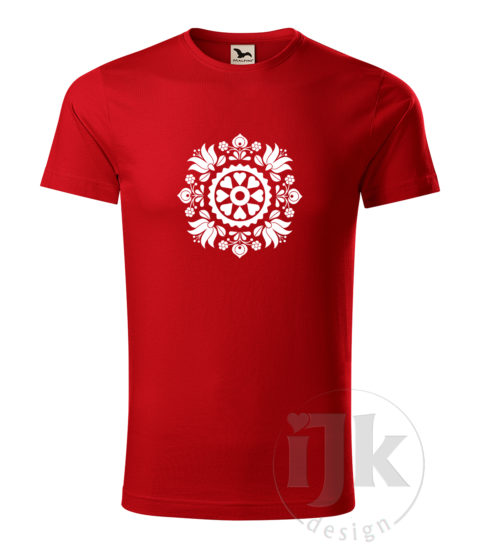 Pánske červené tričko s potlačou, s bielou hladkou fóliou, s folklórnym motívom z okolia Trnavy a s krátkym rukávom.