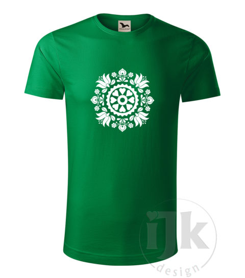 Pánske tričko farba tmavá zelená s potlačou, s bielou hladkou fóliou, s folklórnym motívom z okolia Trnavy a s krátkym rukávom.