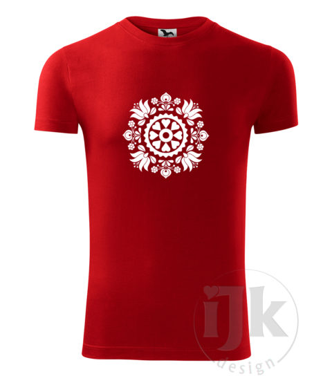 Pánske červené tričko s potlačou, s bielou hladkou fóliou, s folklórnym motívom z okolia Trnavy a s krátkym rukávom.