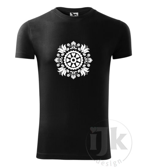 Pánske čierne tričko s potlačou, s bielou hladkou fóliou, s folklórnym motívom z okolia Trnavy a s krátkym rukávom.