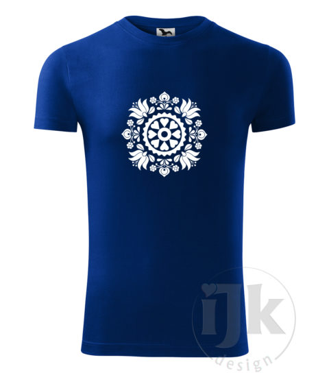 Pánske kráľovské modré tričko s potlačou, s bielou hladkou fóliou, s folklórnym motívom z okolia Trnavy a s krátkym rukávom.